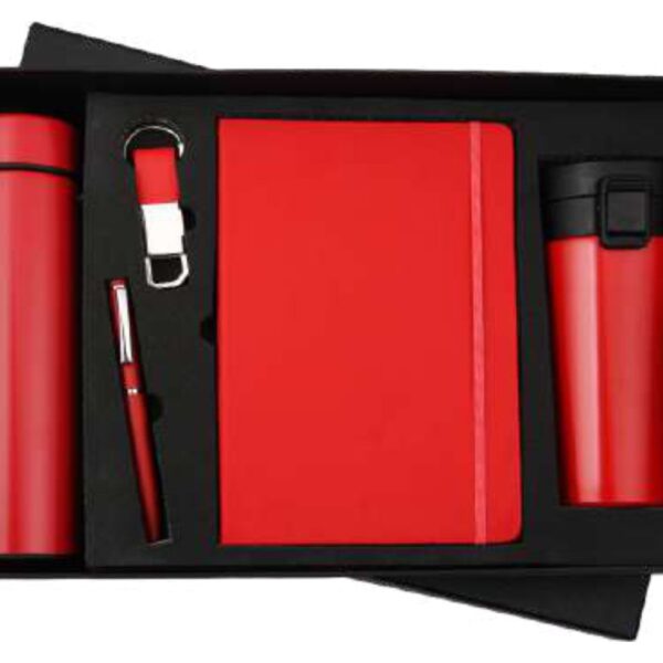 A vibrant and functional five-piece welcome kit, entirely in a bold scarlet red finish. It includes a vacuum flask, a matching travel mug, a notebook, a pen, and a keychain. A high-impact gift for a dynamic team. Category: Gift Set Branding Options: Custom Labeling, Laser Engraving on Journal.